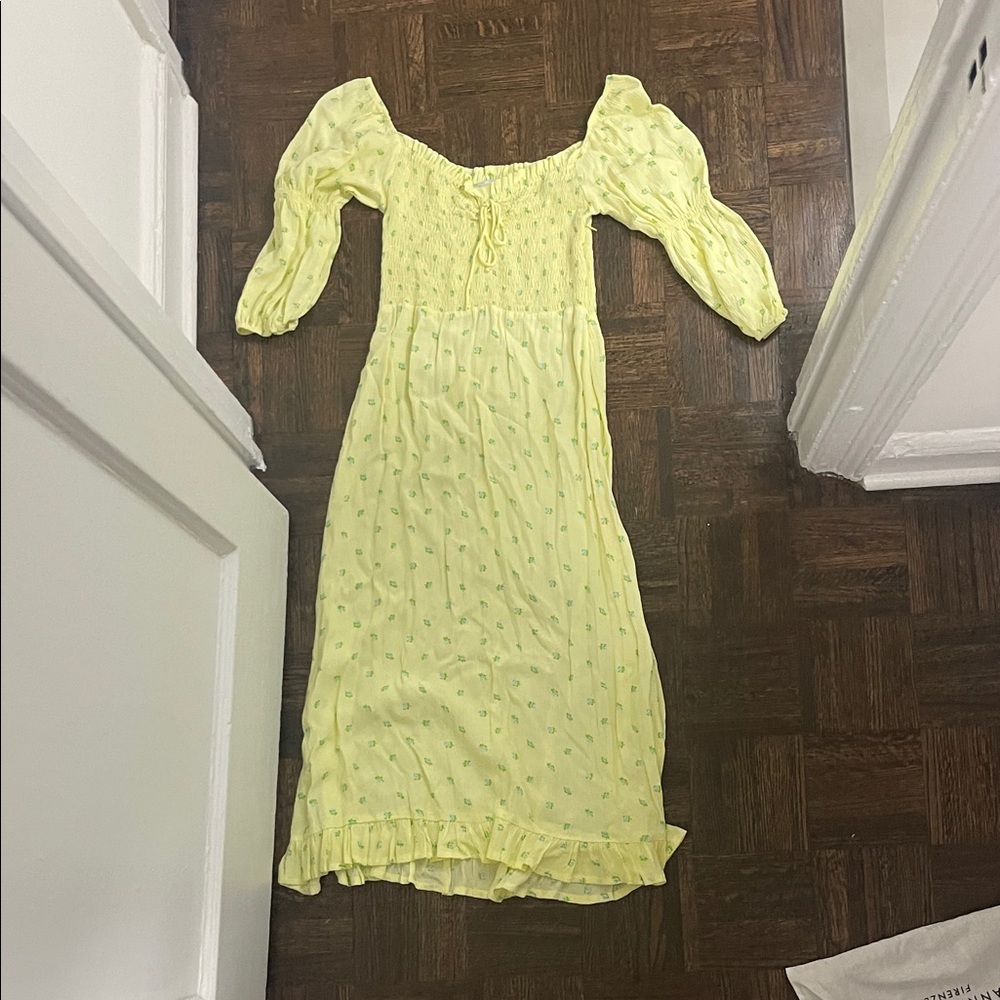 Faithfull the brand Yellow Puff-Sleeve Midi Dress with Ruffle Hem